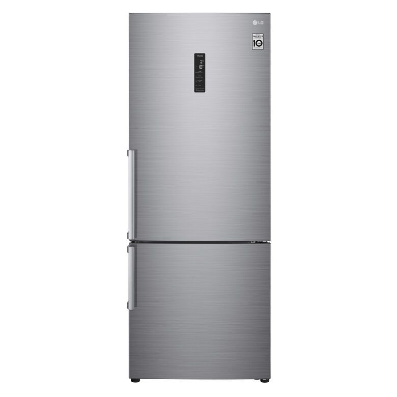 LG stainless steel bottom-freezer refrigerator with digital display panel, brushed metal finish and vertical handles