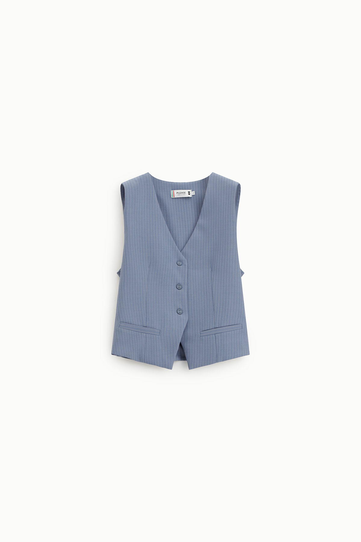Light blue pinstripe tailored waistcoat with three buttons, V-neck and welt pockets, flat-lay on white background