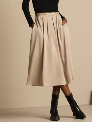 Image of Gonna Midi Plissettata A-Line a Vita Alta in Seta 19Momme con Tasche