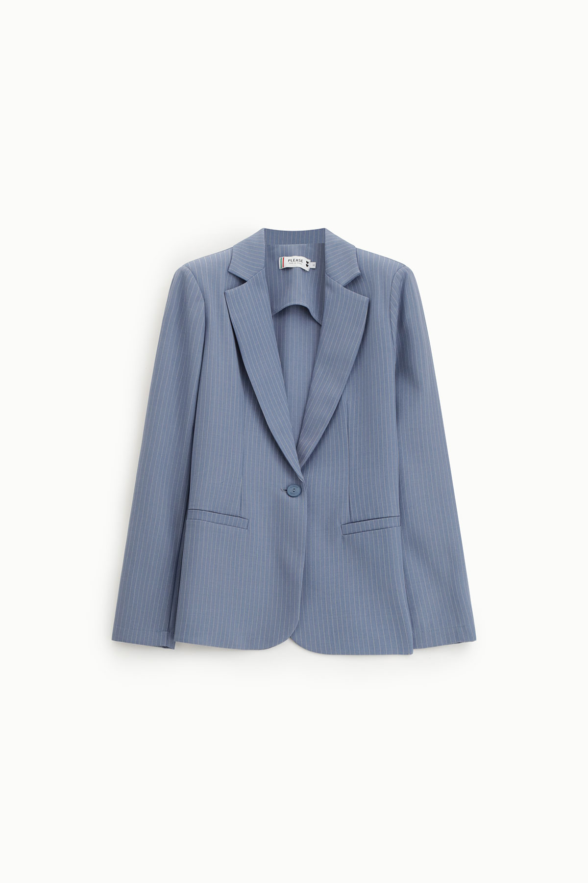 Single-button women's blue pinstripe blazer with notched lapels and front welt pockets, flat-lay on white background