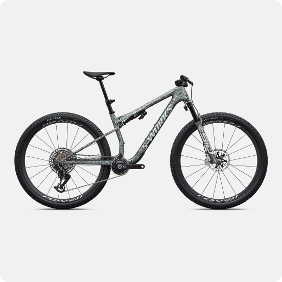 S-Works full-suspension mountain bike in grey camo finish, 29-inch wheels, hydraulic disc brakes and wide knobbly tyres