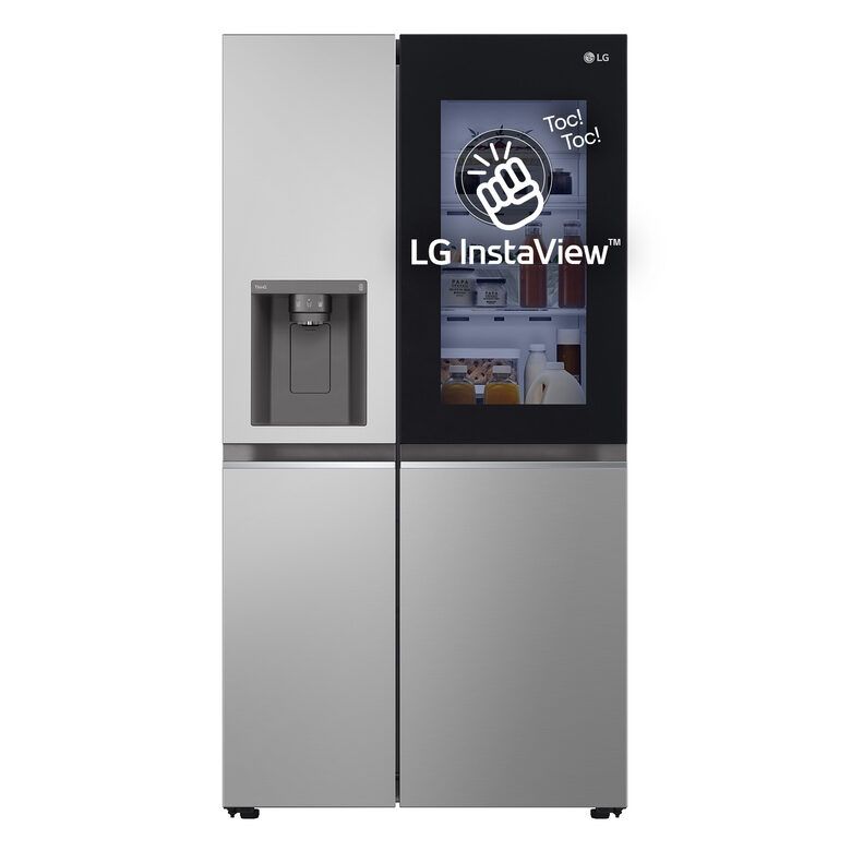 LG stainless steel side-by-side fridge with InstaView knock-to-see glass panel showing interior shelves and built-in external water dispenser