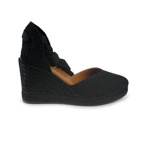 Viguera Espadrillas Alpargatas Donna con Lacci Lunghi in Lino Nero