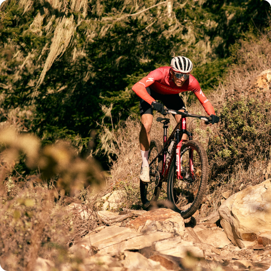 Mountain biker in red jersey and helmet riding a red mountain bike over a rocky forest trail, navigating downhill obstacles