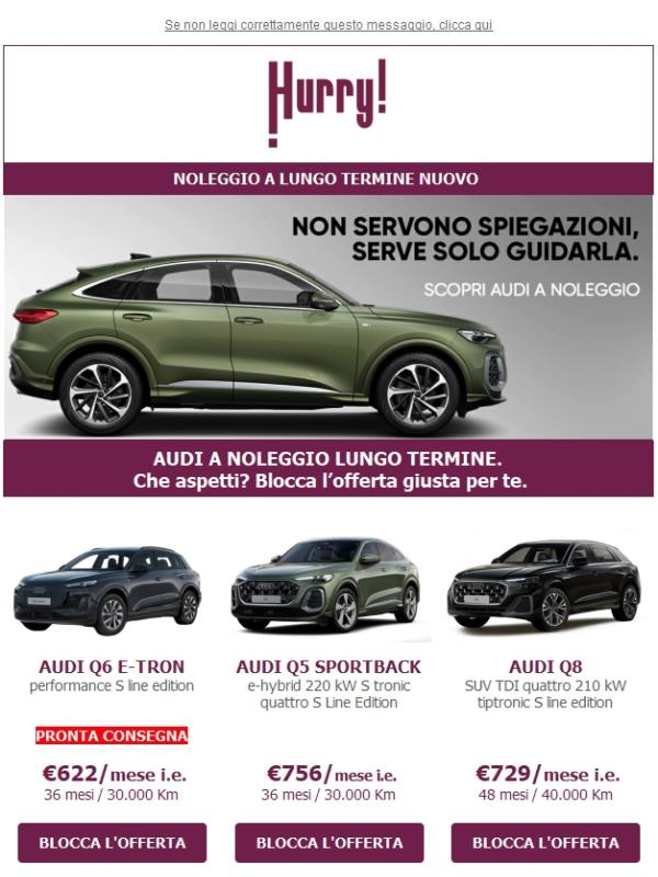 🚘Speciale AUDI: Scegli le migliori vetture AUDI a prezzi SUPER, con tutti i servizi inclusi in un unico canone mensile | 🔊Noleggiala su Hurry!