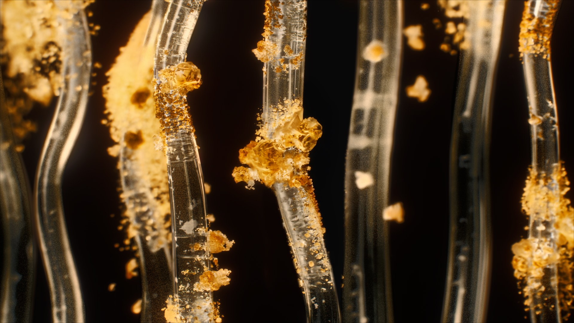 Luminous visual representation of golden collagen fibers on a black background.