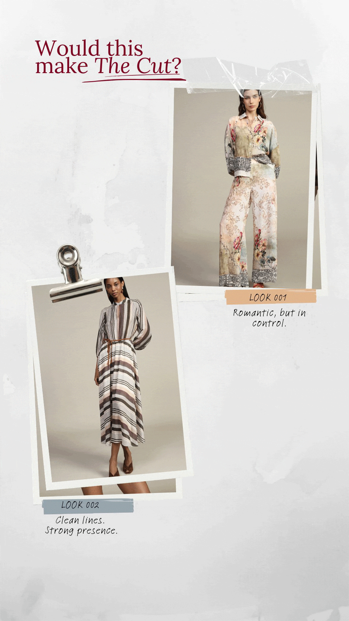 Collage of fashion editorial images showing models in dresses, jeans and accessories on a muted paper background