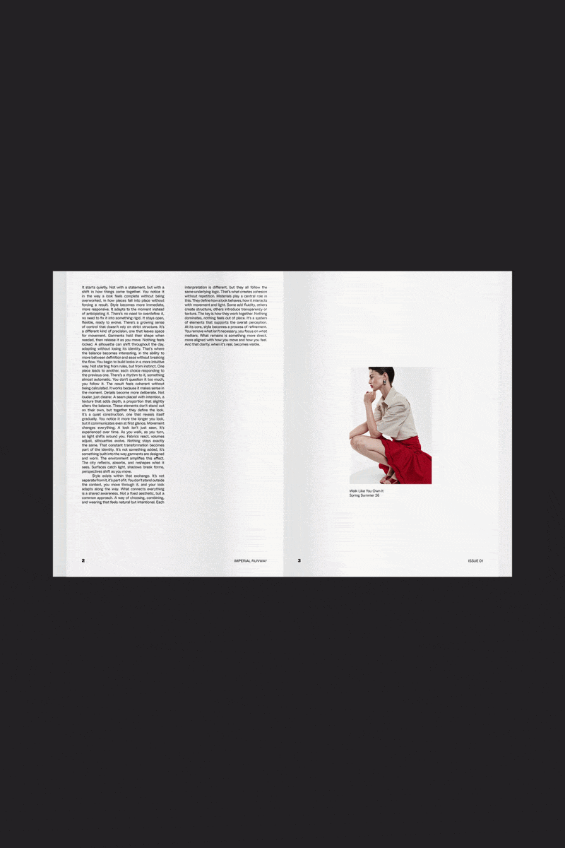 Fashion magazine spread showing a model in a red skirt in multiple poses and close-ups on minimalist white pages, showcasing jewellery