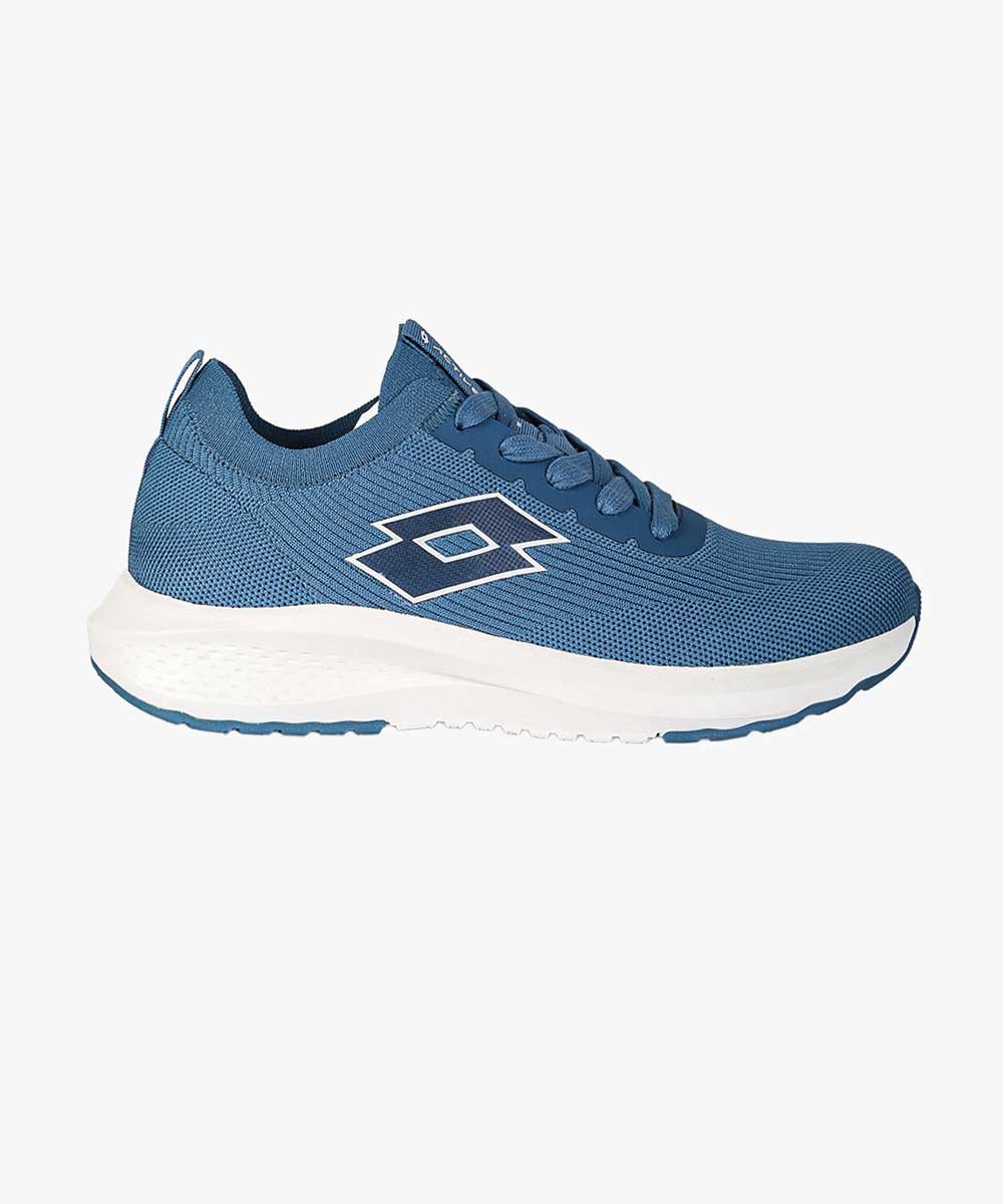 Blue running shoe with breathable mesh upper, white cushioned sole and lace-up design showing brand logo on the side
