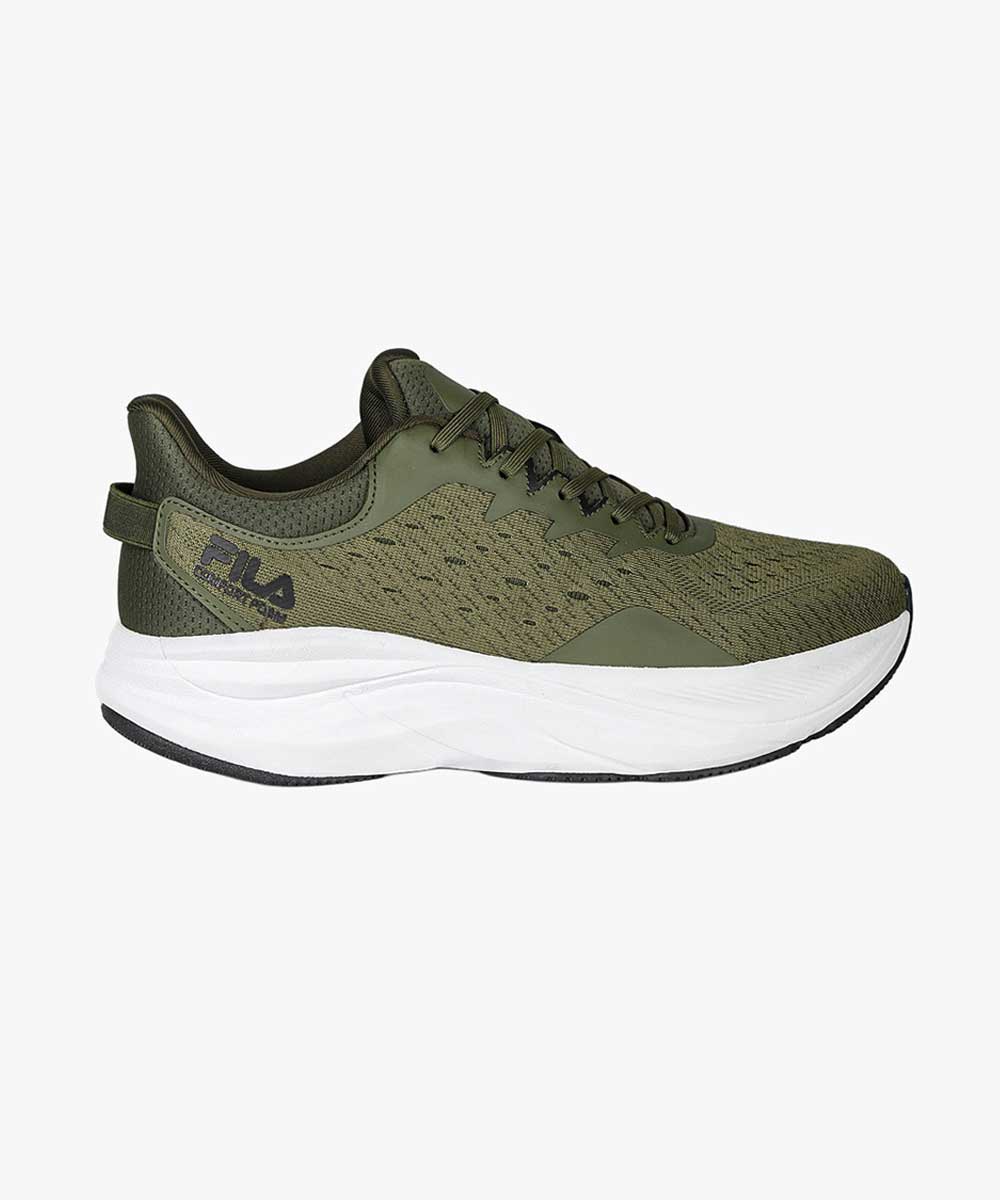 Olive green FILA men's running trainer with knitted upper and cushioned white midsole, side profile on white background