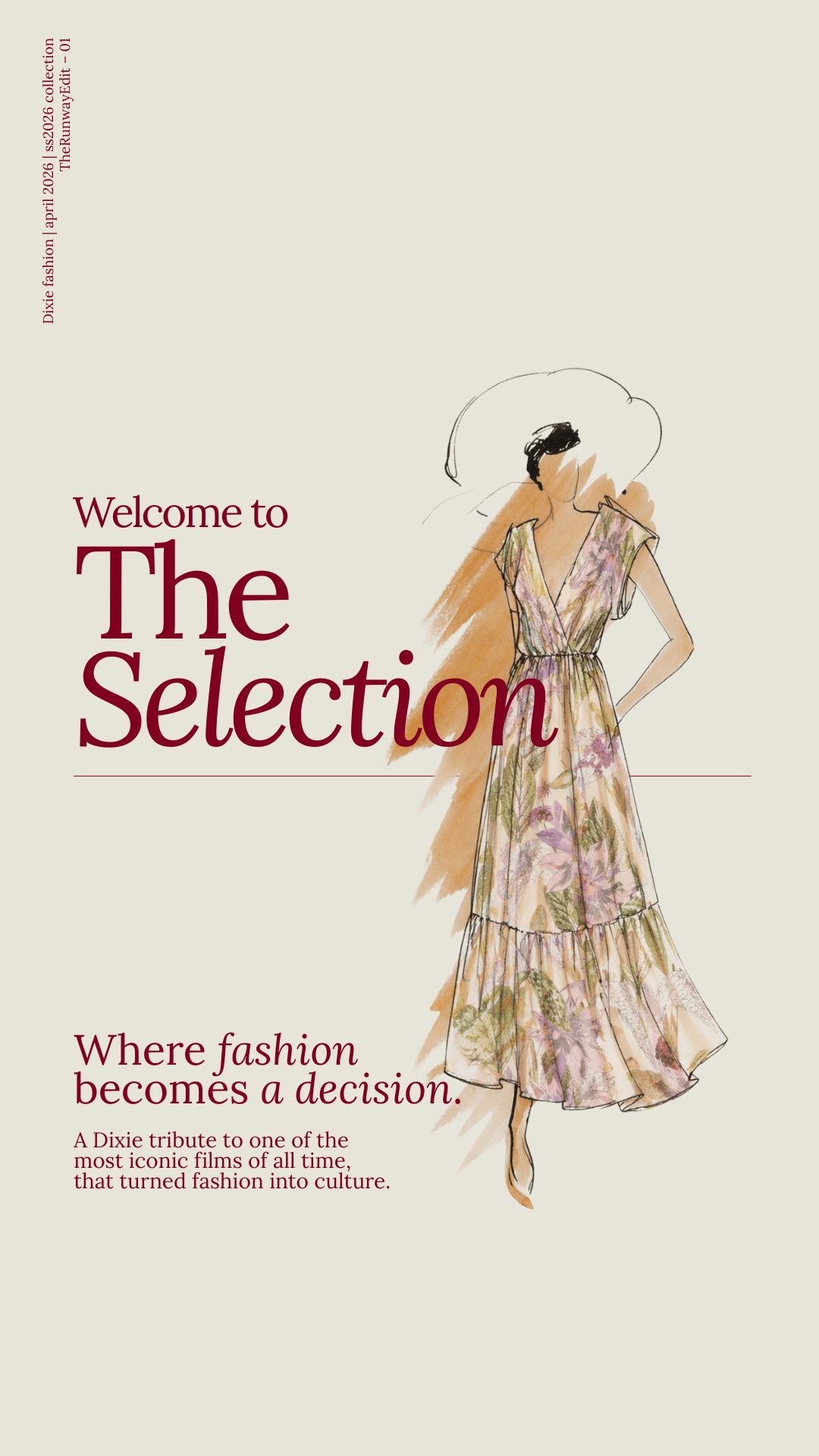 Illustration of a woman in a floral summer dress and wide-brim hat beside 'Welcome to The Selection' fashion promo