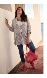 Blusa in misto lino con fantasia in stile patchwork, colletto da camicia e maniche lunghe