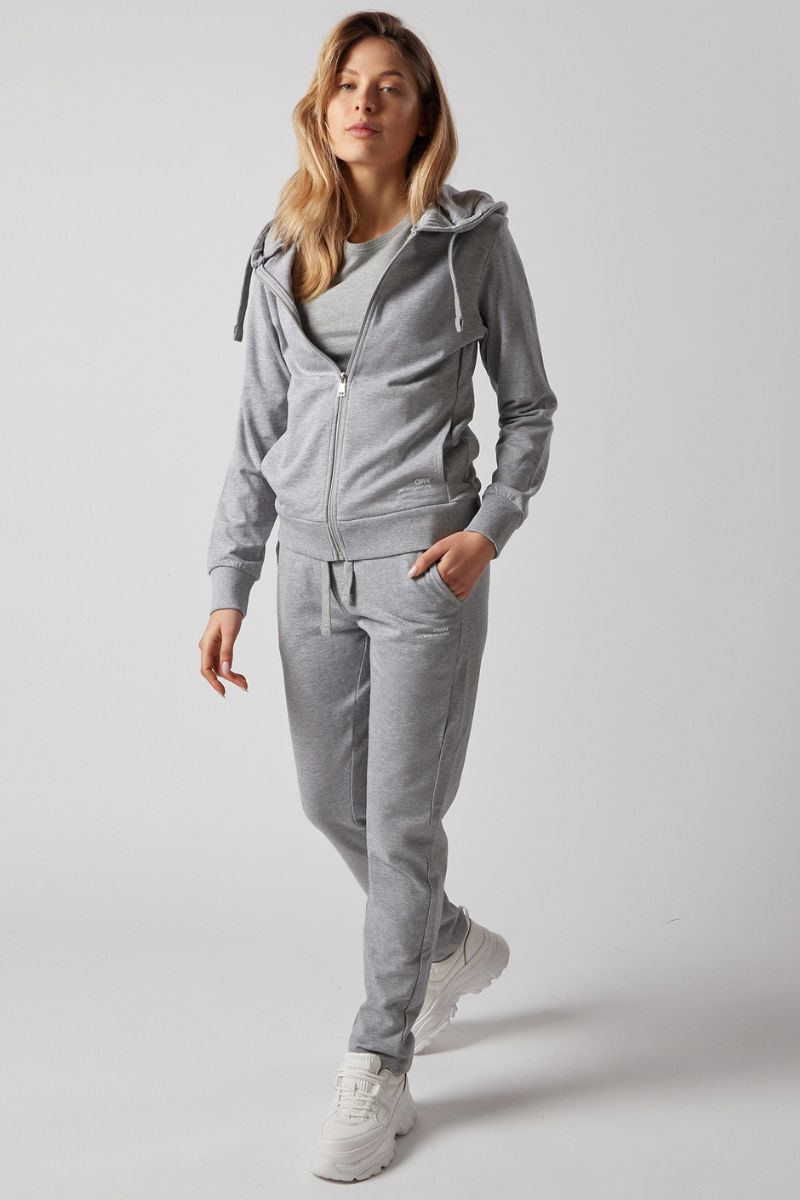 Set Felpa con Cappuccio e Zip + Joggers Grigio Chiaro Melange
