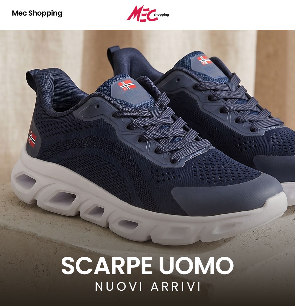 Navy men's breathable mesh trainers with Norwegian flag detail and chunky white sole on display — MEC Shopping new arrivals
