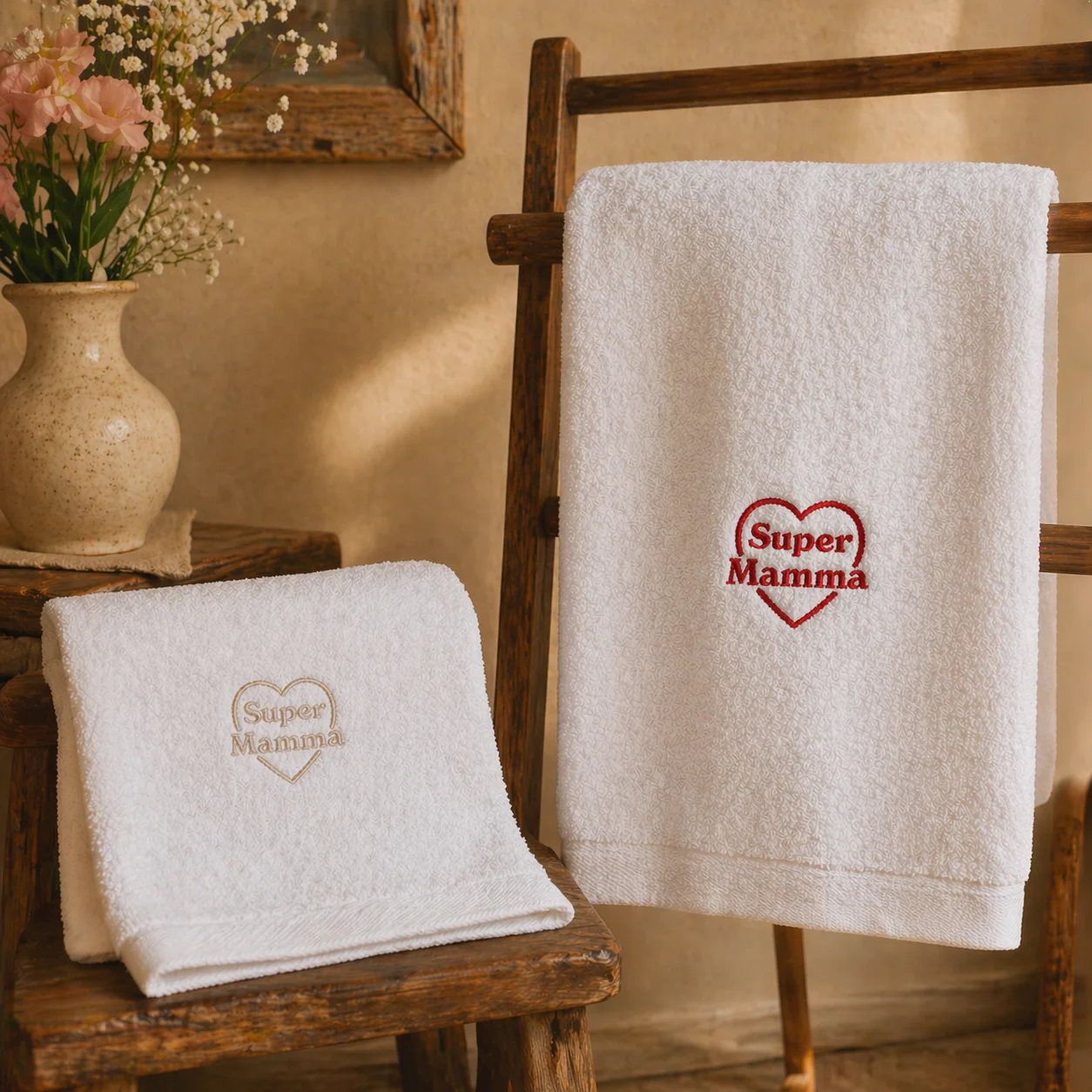 Image of Coppia di Asciugamani in Spugna <br>di Cotone con Ricamo - <b>Super Mamma