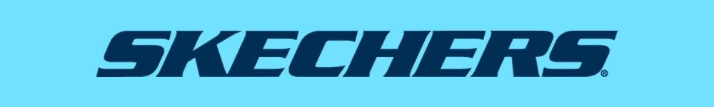 Skechers logo in navy blue on a light blue background