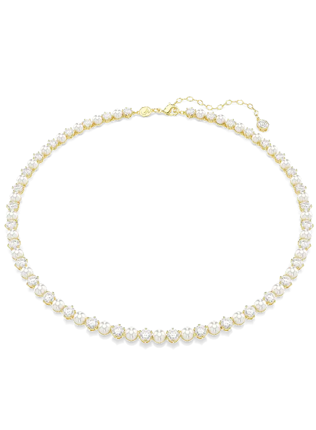 Collana Matrix Tennis, Crystal Pearl, Taglio Round, Bianca, Placcata color oro