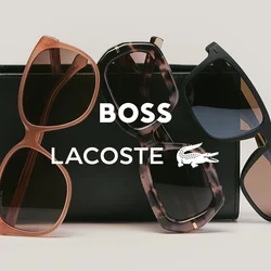 Tre paia di occhiali da sole con montature rosa, tartarugate e nere appoggiati contro una scatola rettangolare nera su uno sfondo chiaro.