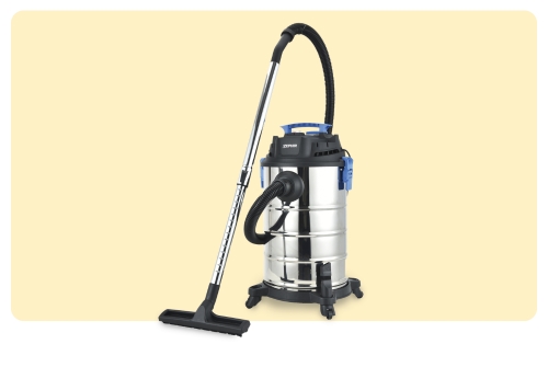 Stainless steel wet and dry vacuum cleaner on wheels with long hose, chrome wand and floor nozzle