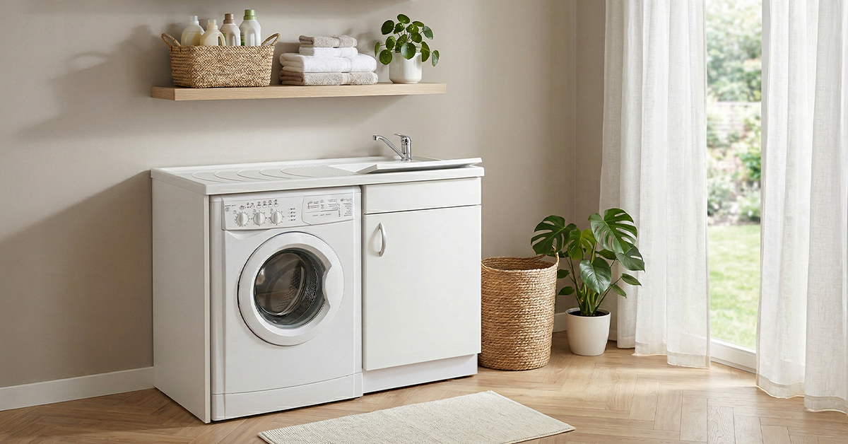 Bright laundry room with white front-load washing machine and sink unit, wooden shelf with towels and bottles, woven baskets and green plants