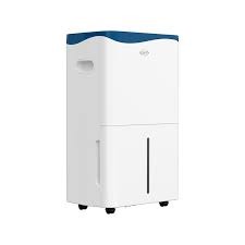 Portable white dehumidifier with blue top, caster wheels, side handle and front water-level window