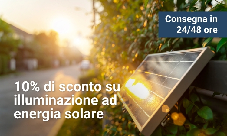 Promotional banner showing a solar-powered outdoor light panel on a hedge at sunset — 10% off with 24–48 hour delivery