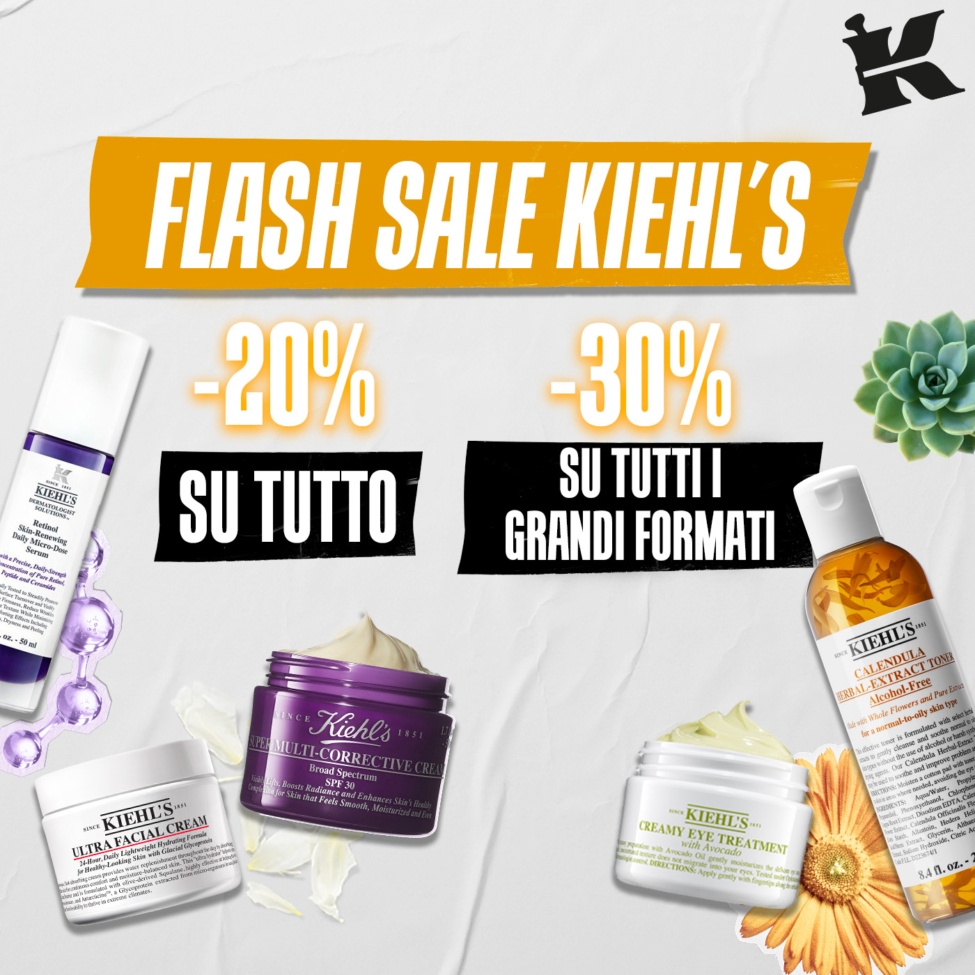 Banner promozionale con scritto "Flash Sale Kiehl's". -20% su TUTTO, -30% su tutti i grandi formati