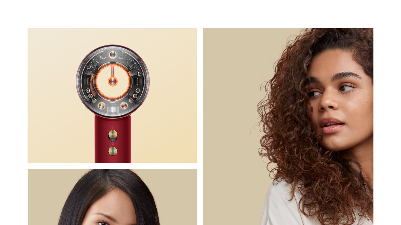 A collage of Dyson Beauty devices and models with immaculately styled hair.