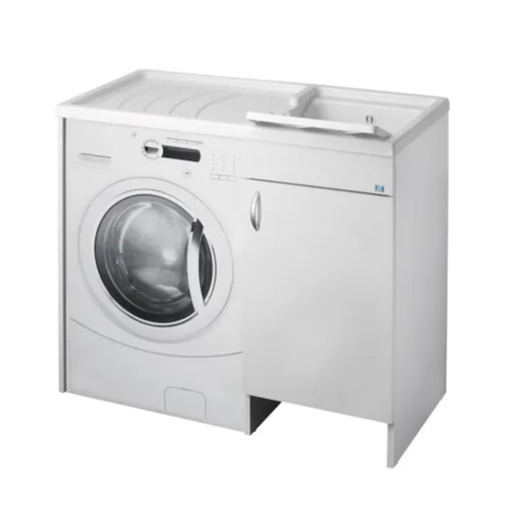 White integrated laundry unit with front-loading washing machine, built-in sink and storage cabinet