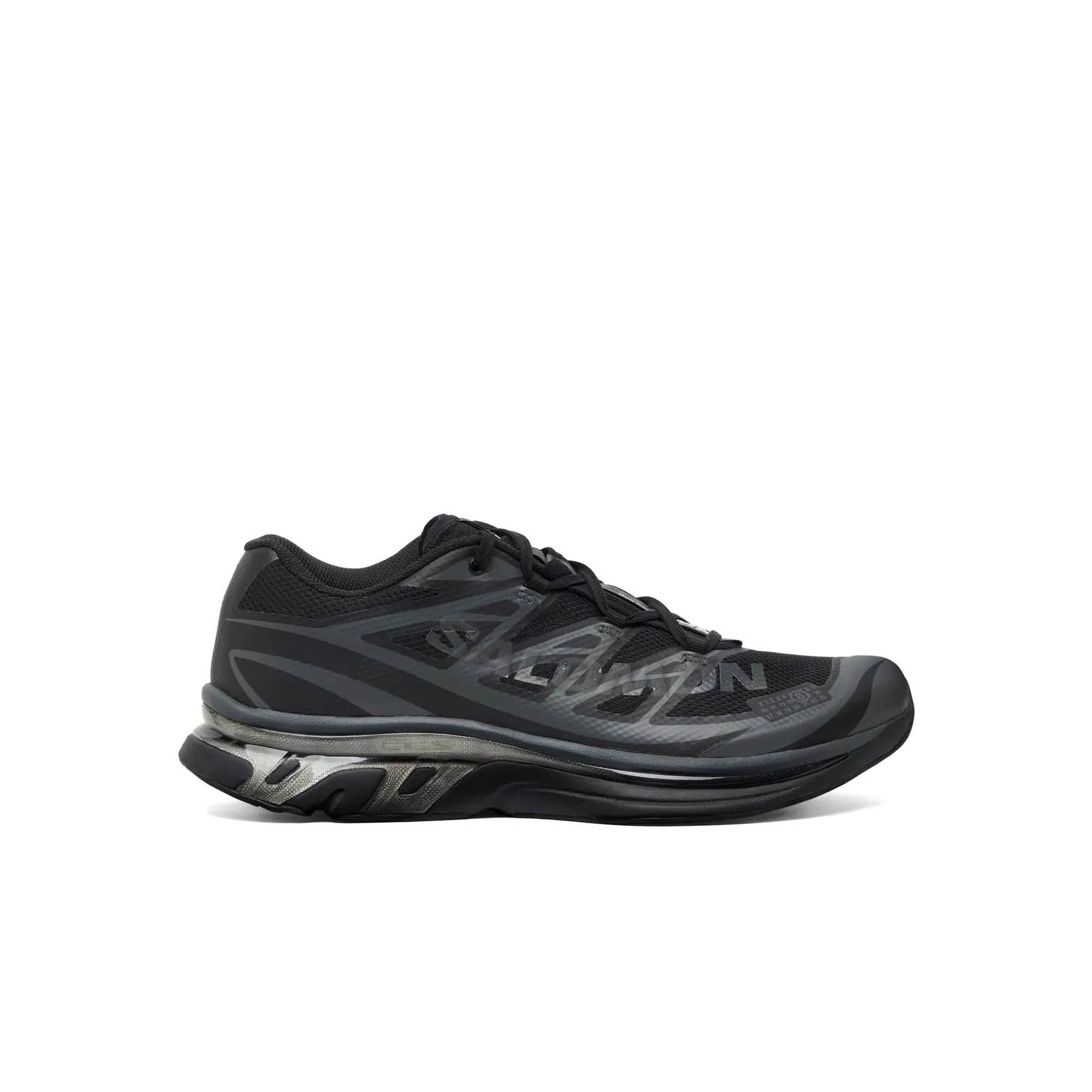 Side view of a black cushioned men's running shoe with mesh upper and supportive midsole on a white background
