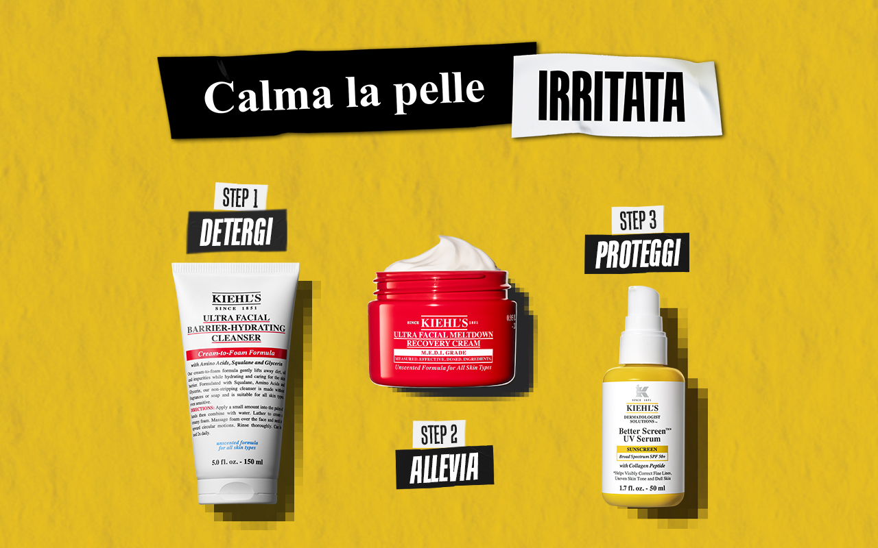 Banner Kiehl's in cui &egrave; rappresentata una routine in 3 step per la pelle irritata &mdash; Step 1 Detergi, Step 2 Allevia, Step 3 Proteggi.