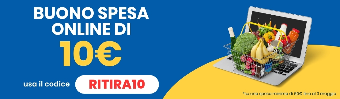 Online €10 grocery voucher banner showing laptop with basket of fresh groceries and promo code RITIRA10