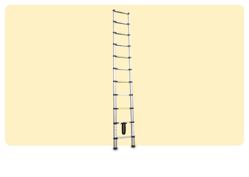 Telescopic aluminium extension ladder fully extended against pale yellow background, portable collapsible ladder with safety locks