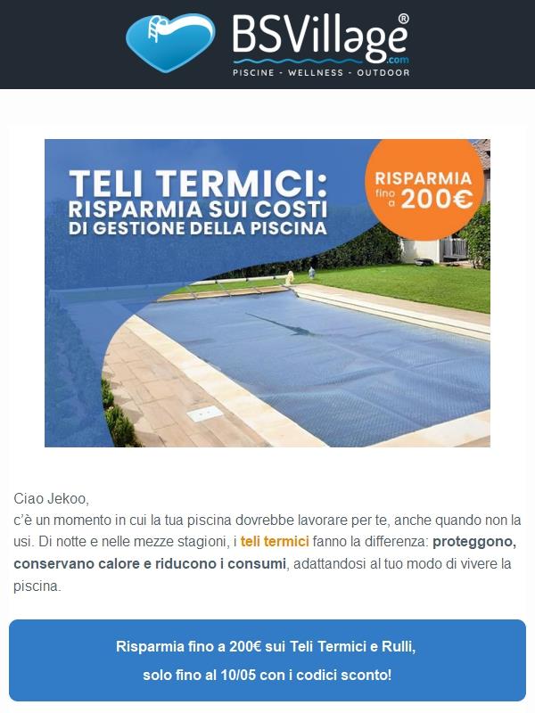 Ultimi giorni! Fino a 200€ di sconto sui teli termici piscina (meno consumi, più calore)!