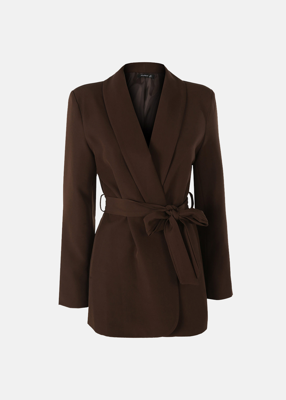 Women's brown tailored wrap blazer with shawl collar and self-tie waist belt, long sleeves, on plain white background