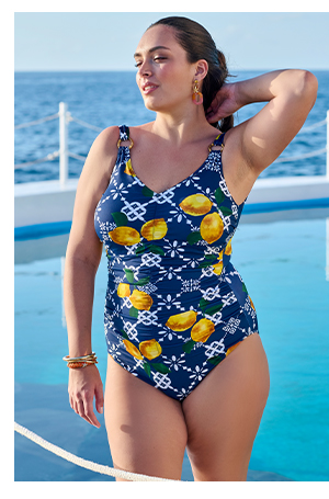 Costume da bagno con limoni, coppe morbide, anelli decorativi e materiale riciclato