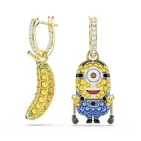 Orecchini pendenti Minions Stuart and Banana, Pavé, Mini, Multicolore, Placcato color oro
