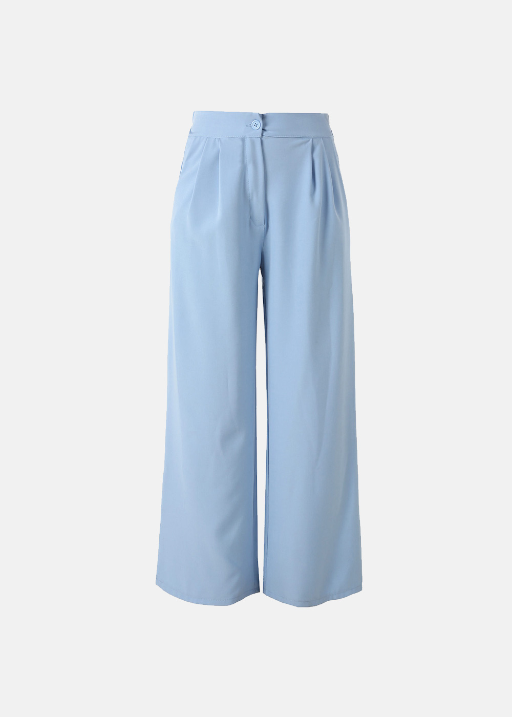 Women's light blue high‑waist wide‑leg trousers with front pleats and single button fastening