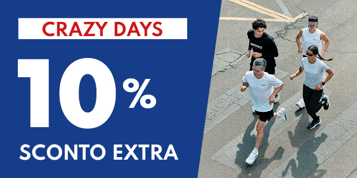 Promo banner 'Crazy Days' 10% extra discount with four runners jogging on a road, promoting running gear