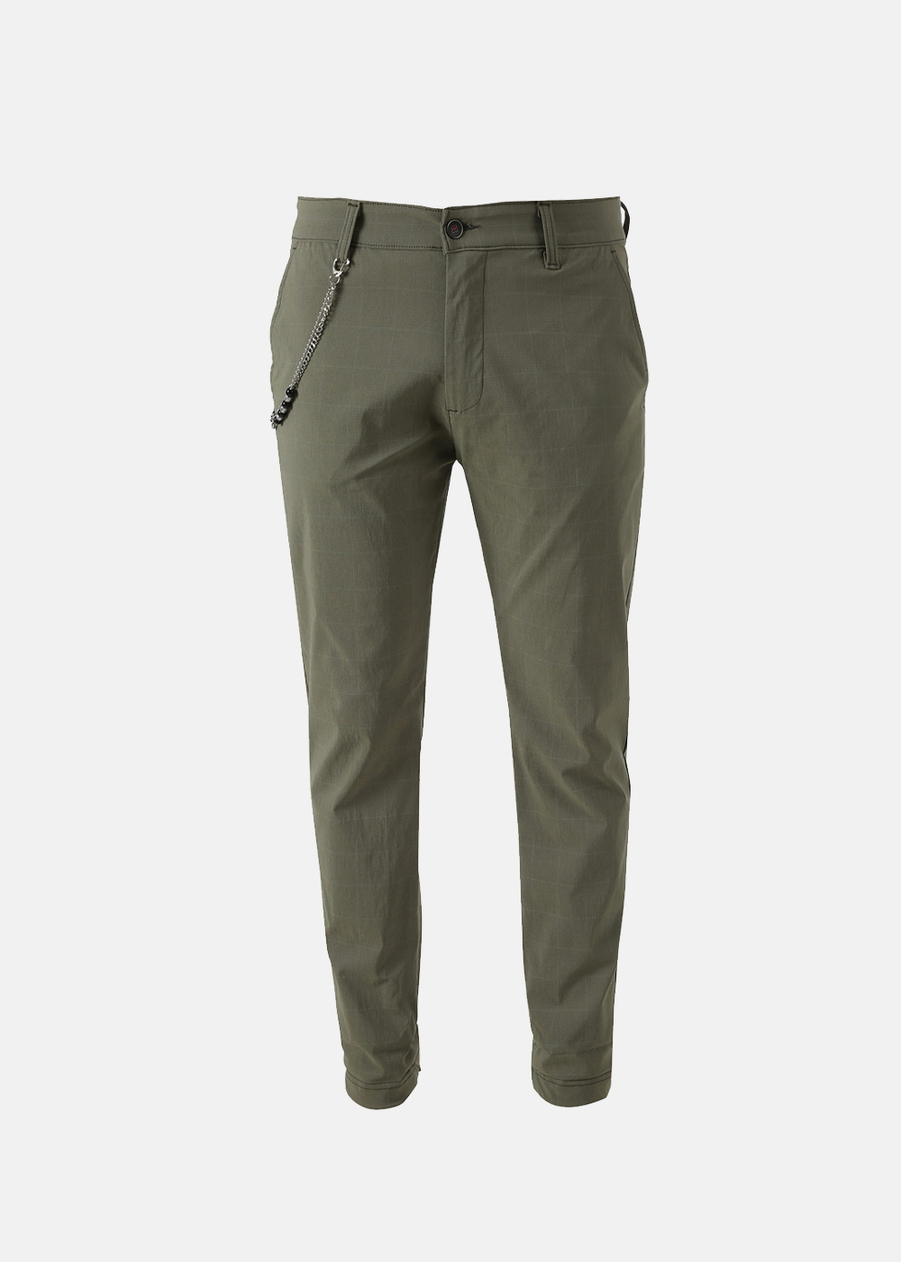 Olive-green slim-fit men's chinos with tapered legs, belt loops, front button and decorative chain keyring on plain white background