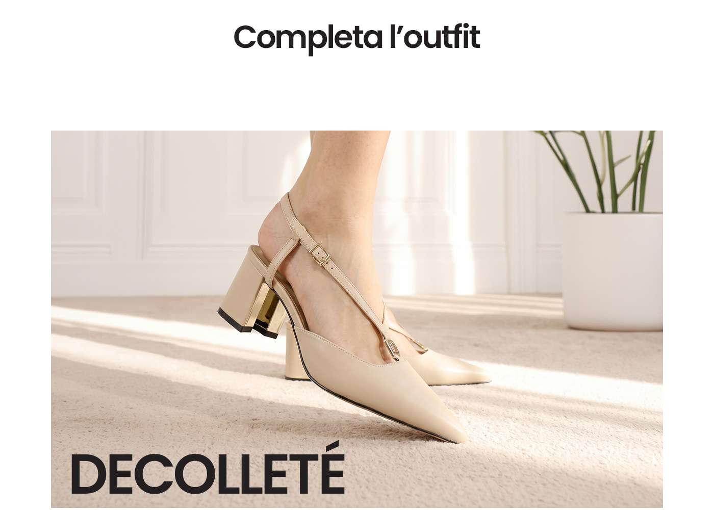 Beige leather slingback court shoes with block gold-accent heel on a light carpet, styled in a bright room with white panelling and plant