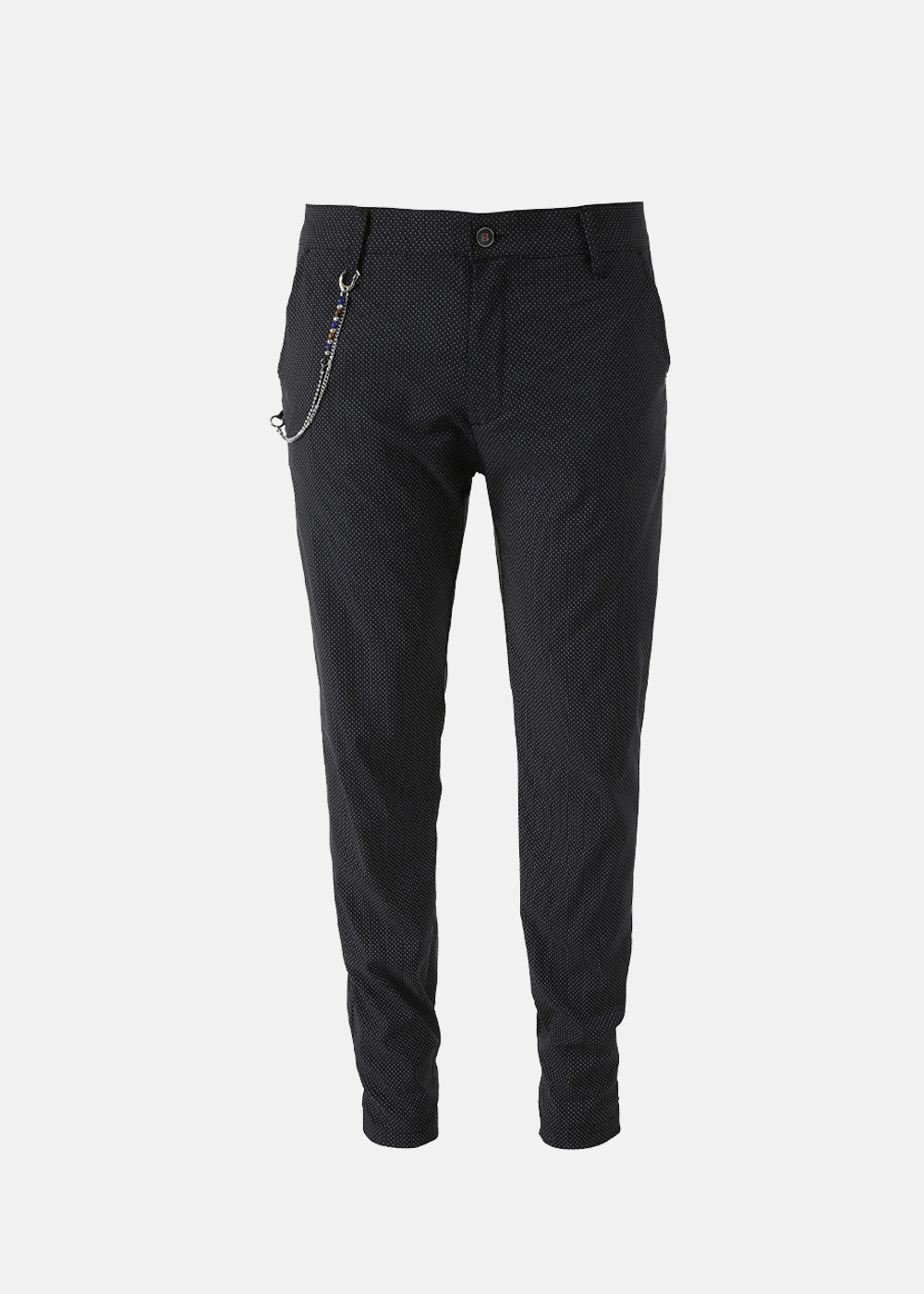 Men's black textured slim-fit trousers with tapered legs, button waist and decorative silver chain accessory
