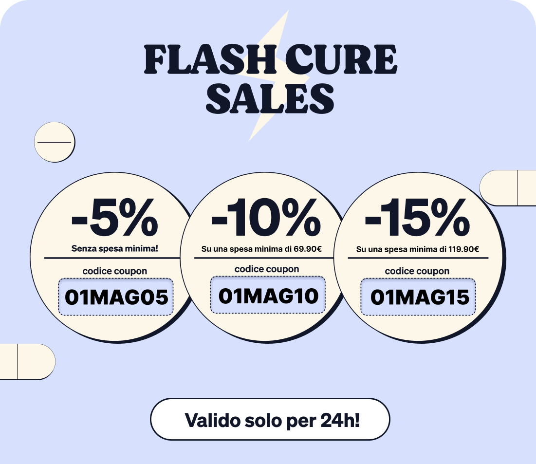 Grid of six blue 'FLASH CURE SALES' cards showing -5%, -10%, -15% offers with codes 01MAG05/10/15 and text 'Valido solo per 24h'