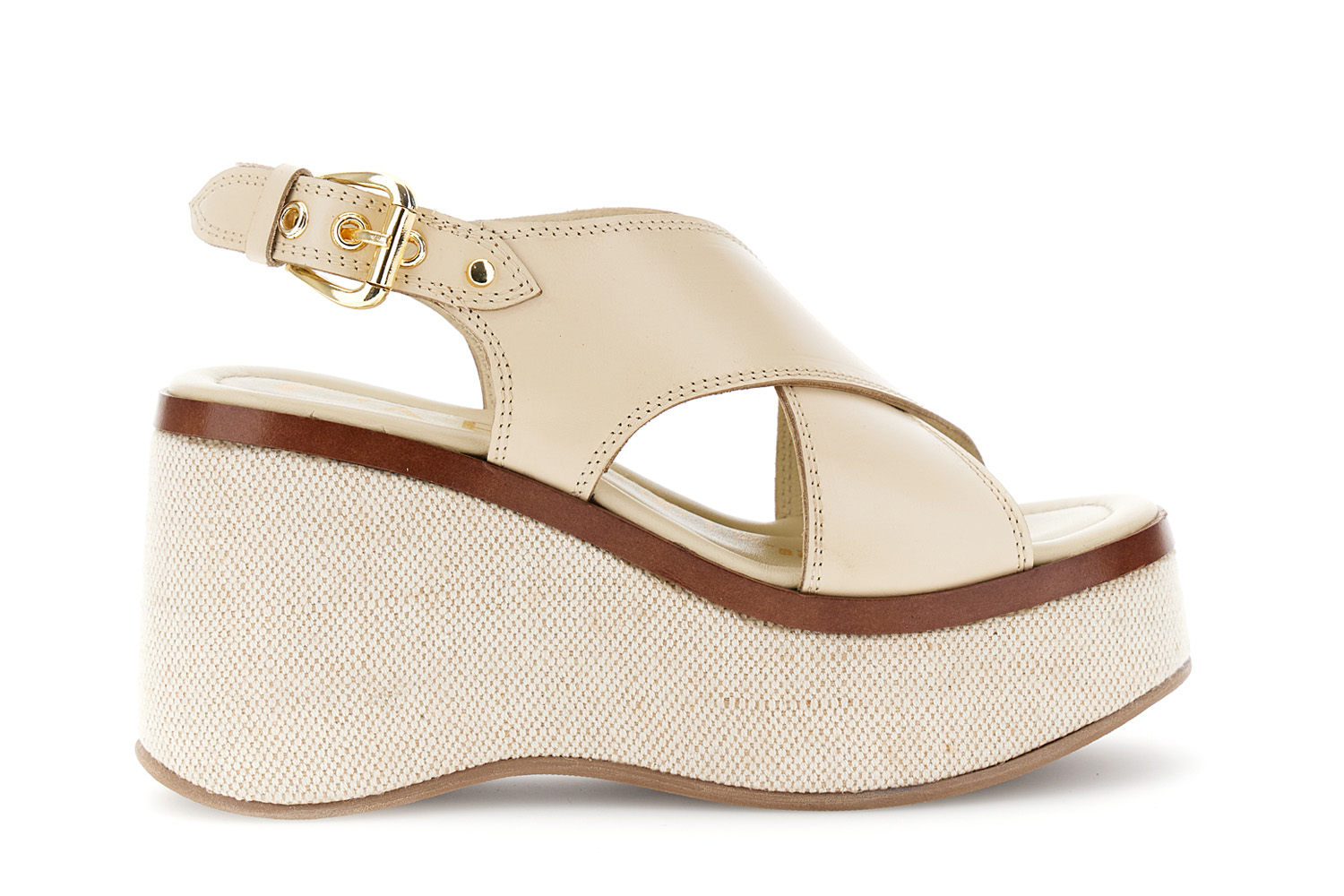 Image of sandali incrocio in pelle con zeppa beige