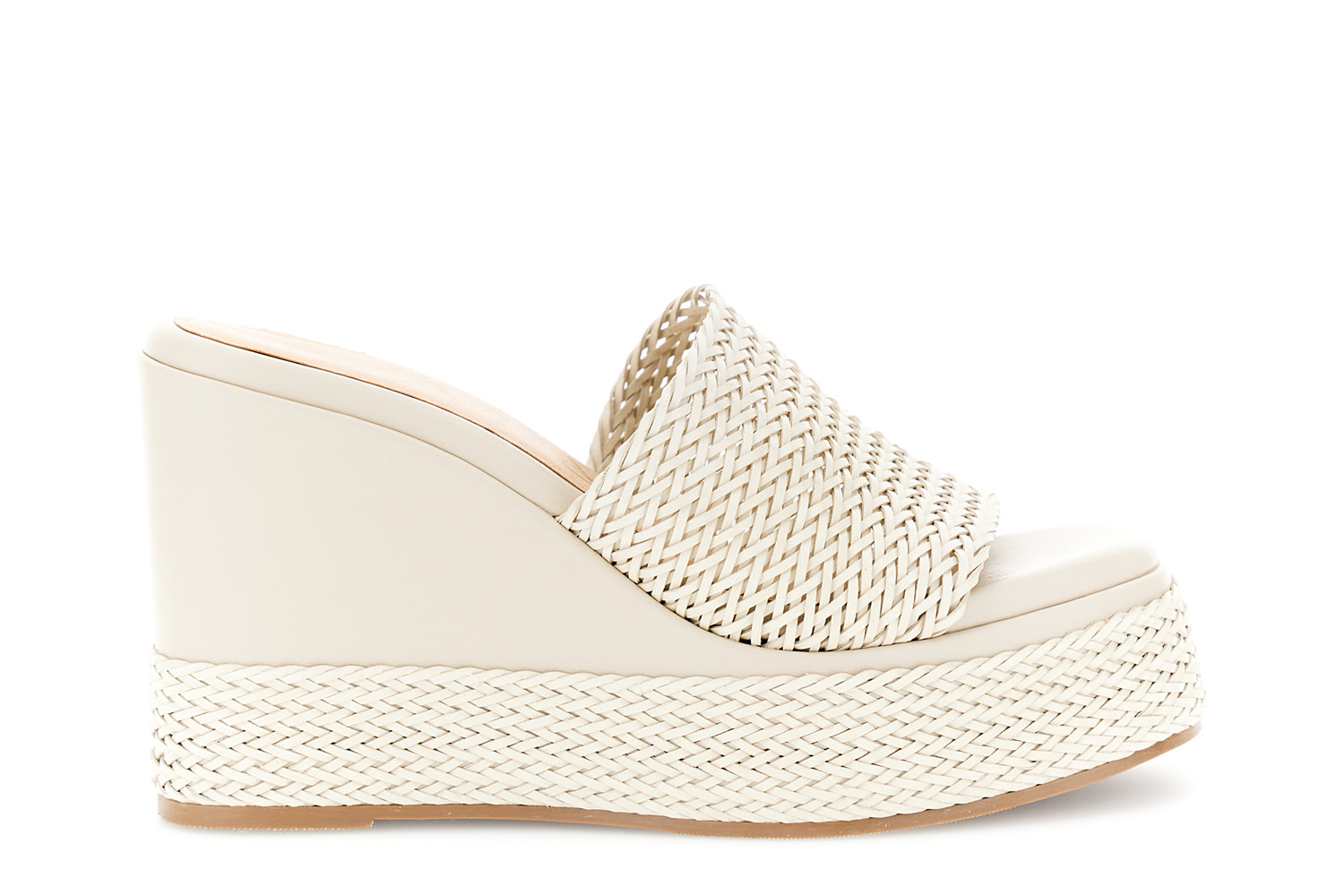 Image of sandali ciabatta su fondo zeppa in sintetico effetto pelle intrecciata beige
