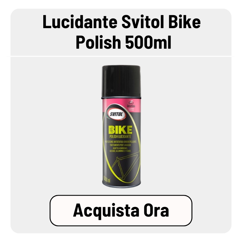 Svitol Bike Polish 500ml aerosol can with black cap and pink and yellow label showing bicycle frame illustration
