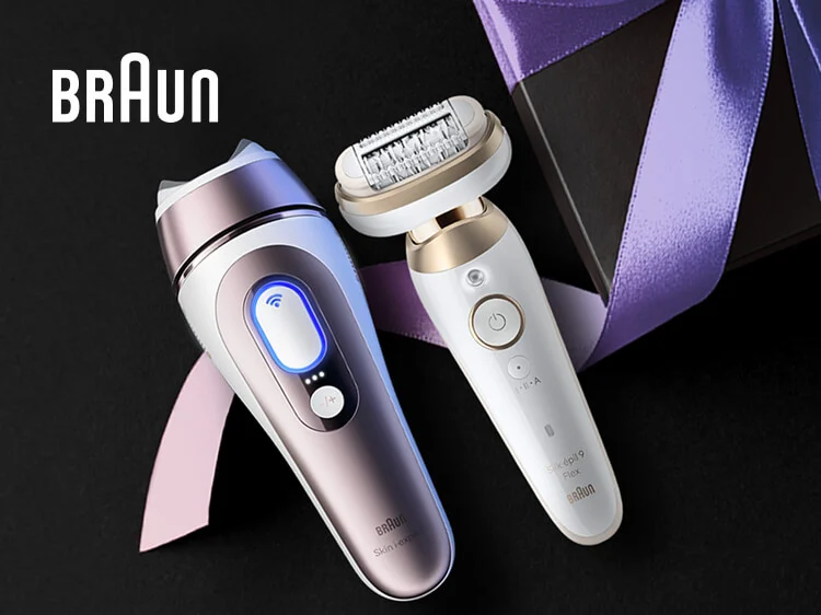 Immagine di 2 prodotti Braun, a sinistra Braun Luce pulsata 7, a destra Braun Silk Epil 9 Flex
