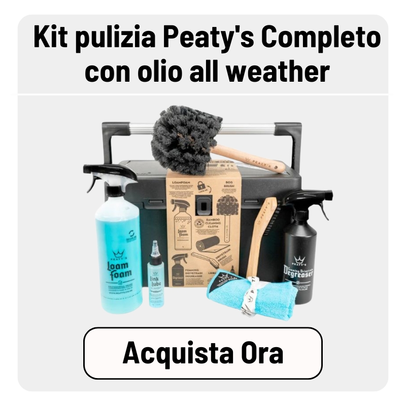 Peaty's complete bike cleaning kit with all-weather oil, foam bottle, degreaser, brushes, microfibre towel and toolbox