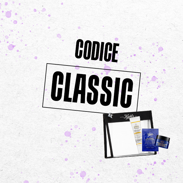 Routine omaggio Kiehl's Codice Classic. Kit skincare con pochette nera  trasparente contenente prodotti viso Kiehl's tra cui Midnight Recovery  Concentrate su sfondo bianco con schizzi lilla. Disponibile con spesa da 59&euro;.