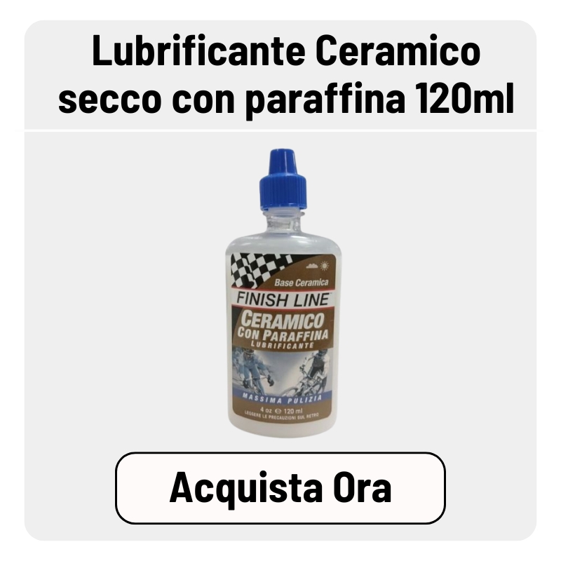 Bottle of Finish Line ceramic dry lubricant with paraffin, 120 ml, clear plastic bottle with blue cap and product label on white background